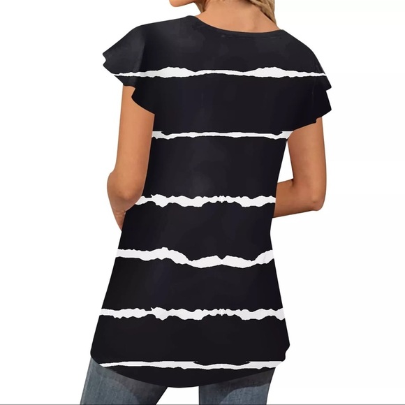 Women’s Black & White Striped Short Sleeve Blouse Top - Picture 3 of 6